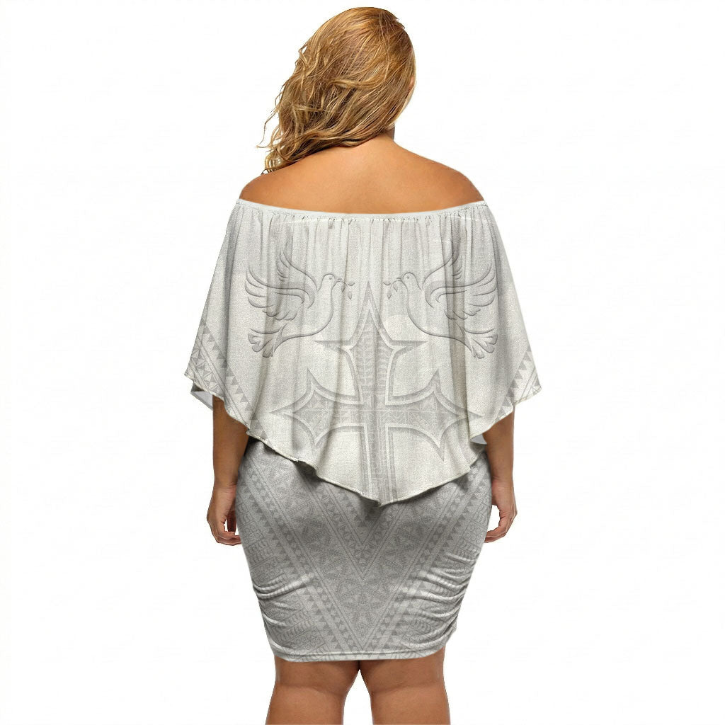 Peniamina Gospel Day Niue Off Shoulder Short Dress Cross Dove Hiapo Pattern White LT14 - Polynesian Pride