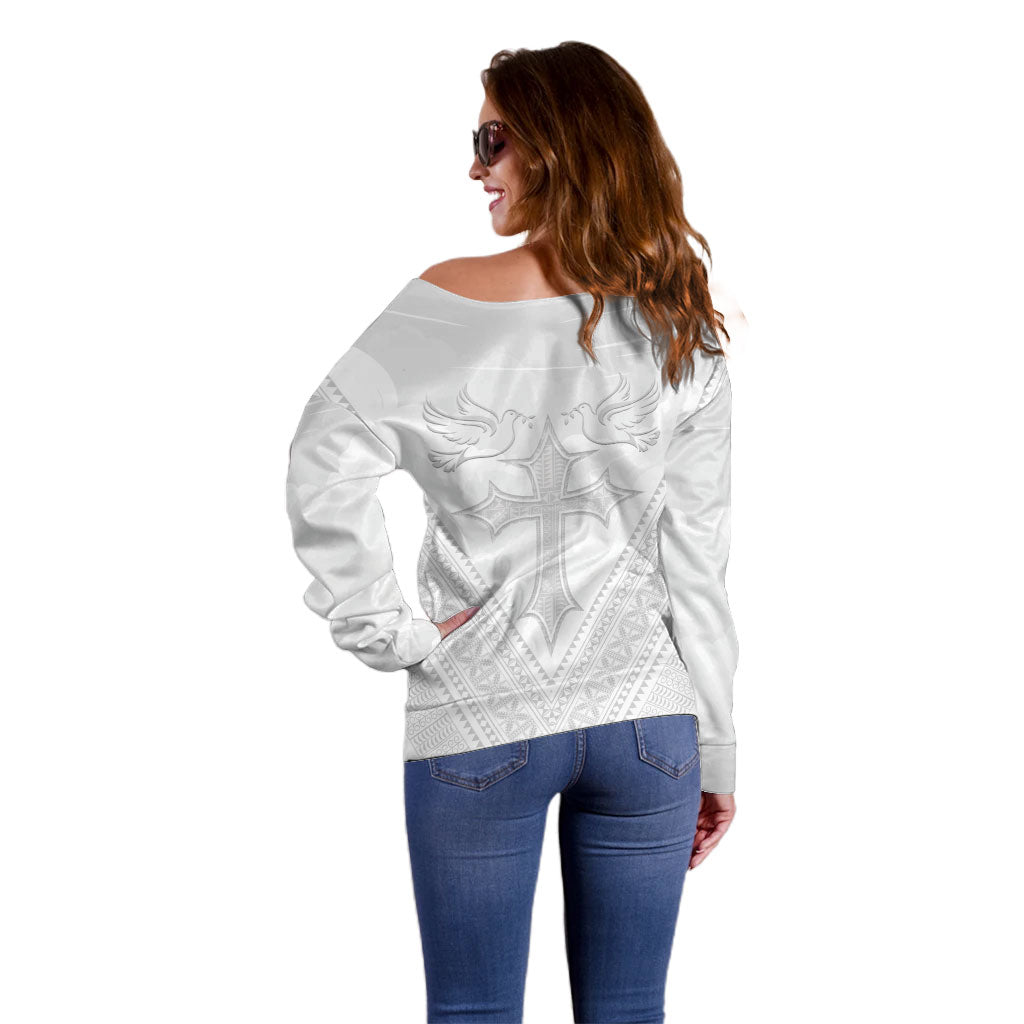 Peniamina Gospel Day Niue Off Shoulder Sweater Cross Dove Hiapo Pattern White LT14 - Polynesian Pride