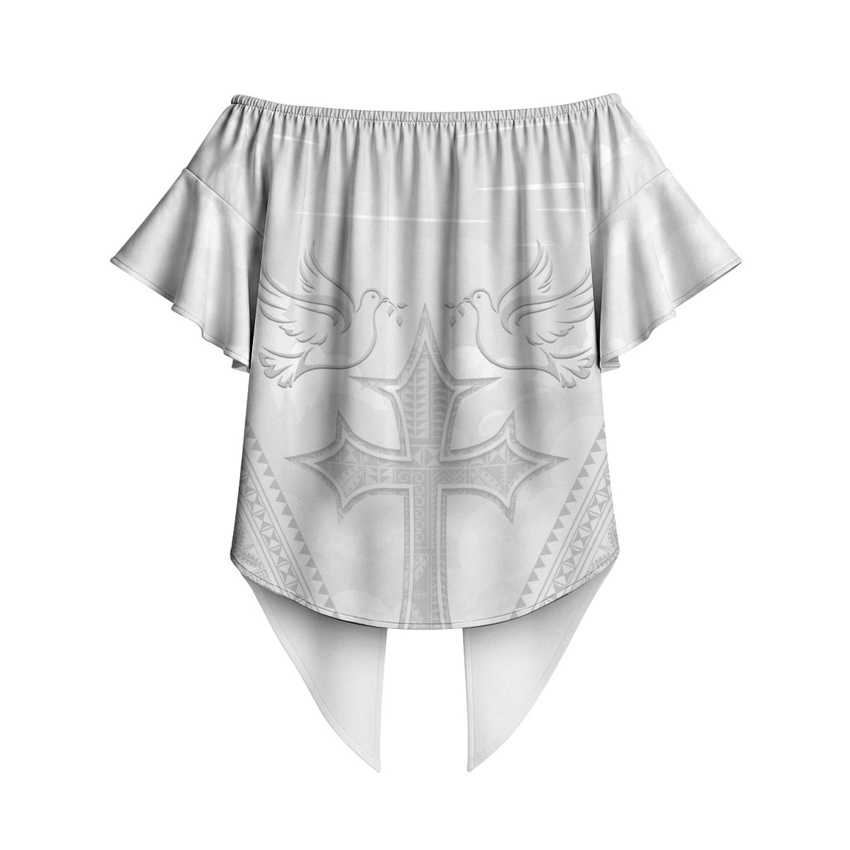 Peniamina Gospel Day Niue Off Shoulder Wrap Waist Top Cross Dove Hiapo Pattern White LT14 - Polynesian Pride