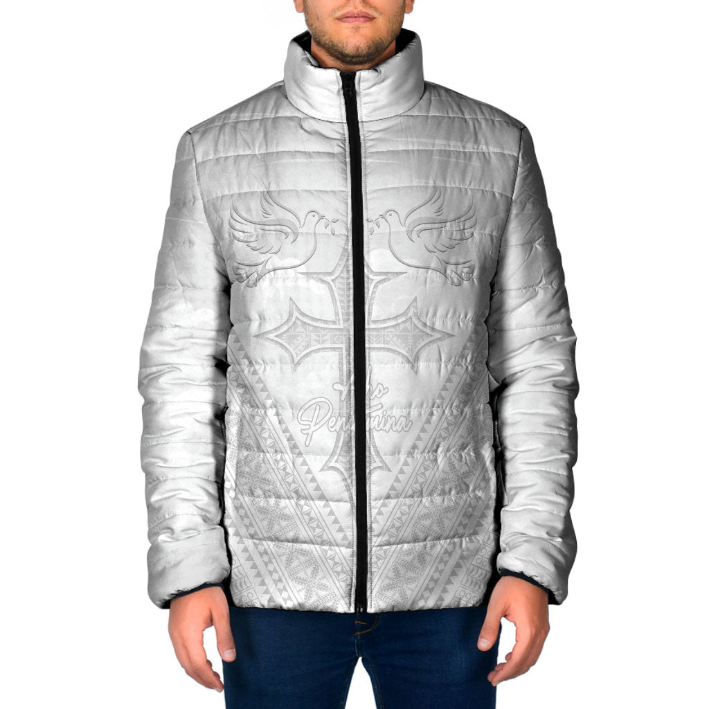 Peniamina Gospel Day Niue Padded Jacket Cross Dove Hiapo Pattern White LT14 Men White - Polynesian Pride