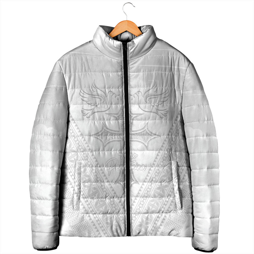 Peniamina Gospel Day Niue Padded Jacket Cross Dove Hiapo Pattern White LT14 - Polynesian Pride