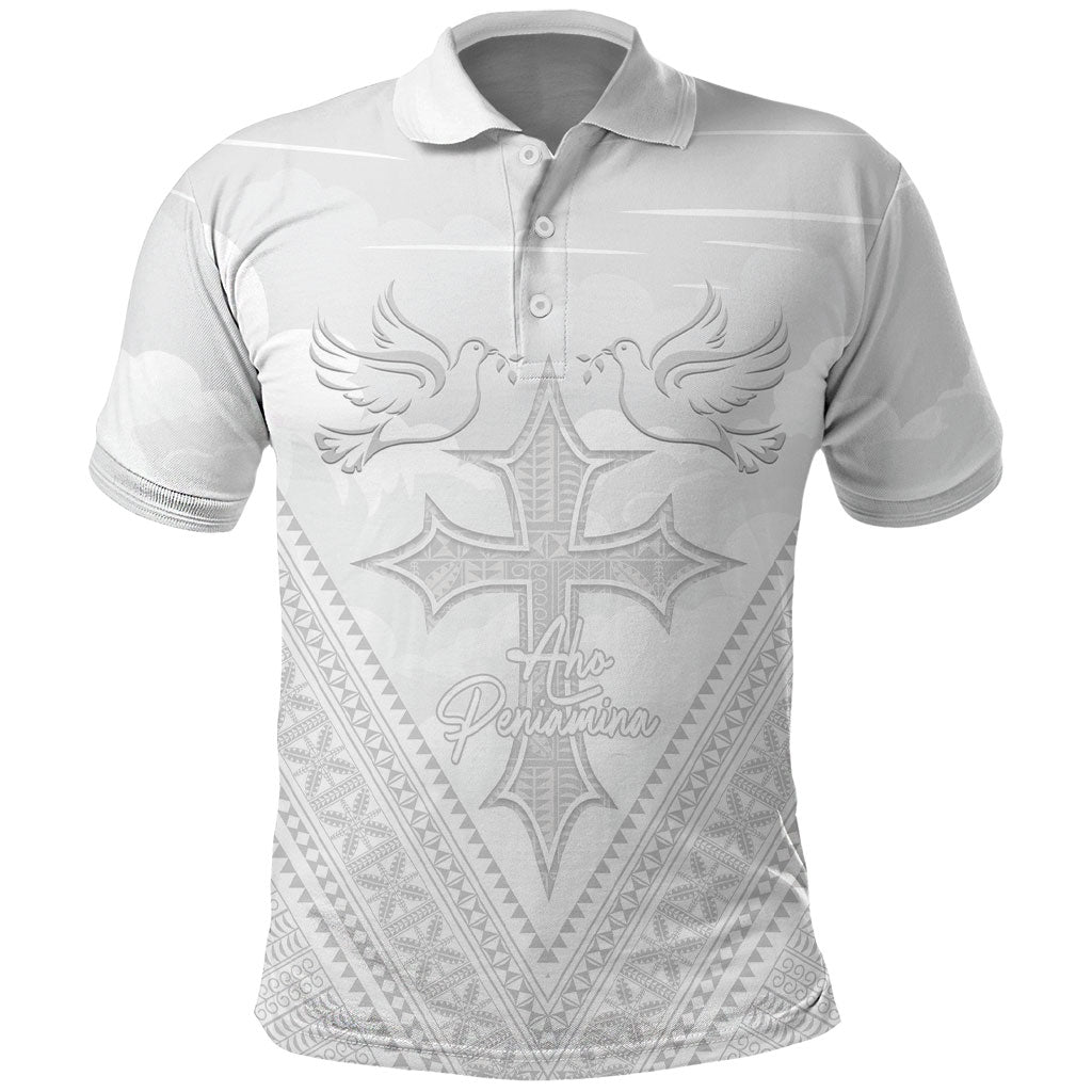 Peniamina Gospel Day Niue Polo Shirt Cross Dove Hiapo Pattern White LT14 White - Polynesian Pride