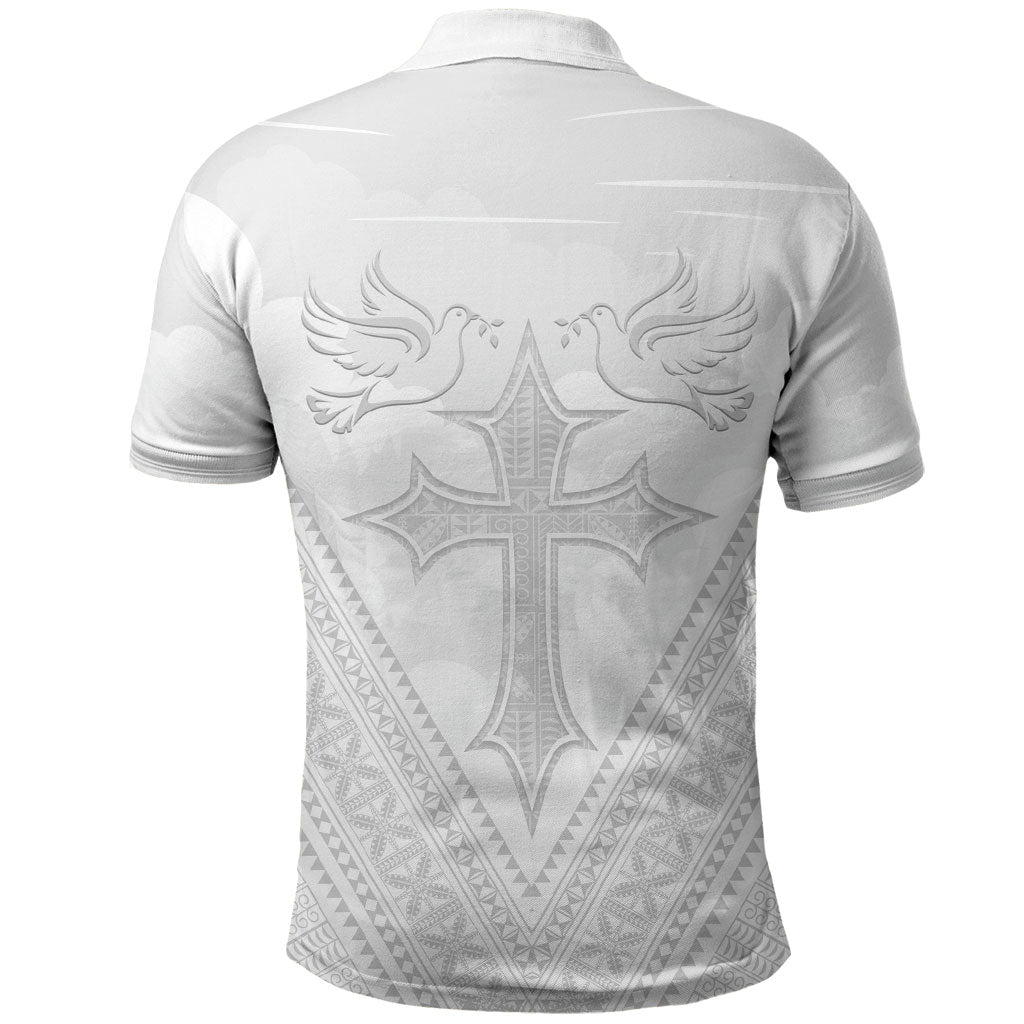 Peniamina Gospel Day Niue Polo Shirt Cross Dove Hiapo Pattern White LT14 - Polynesian Pride