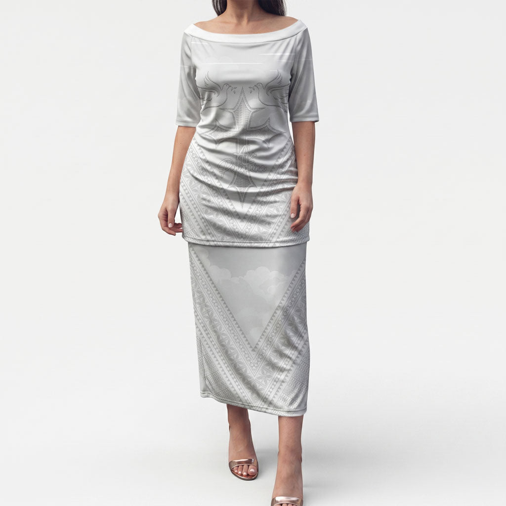 Peniamina Gospel Day Niue Puletasi Cross Dove Hiapo Pattern White LT14 Long Dress White - Polynesian Pride
