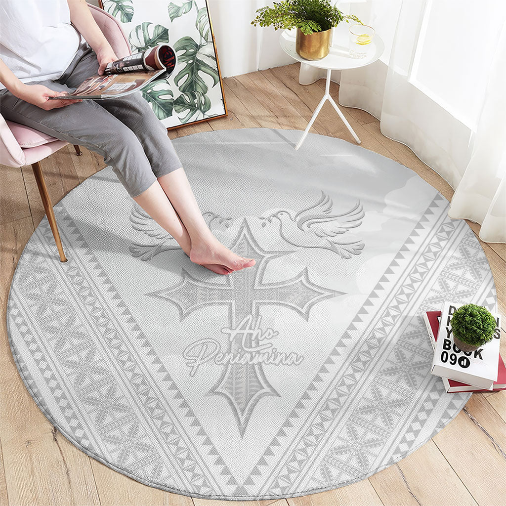 Peniamina Gospel Day Niue Round Carpet Cross Dove Hiapo Pattern White LT14 - Polynesian Pride