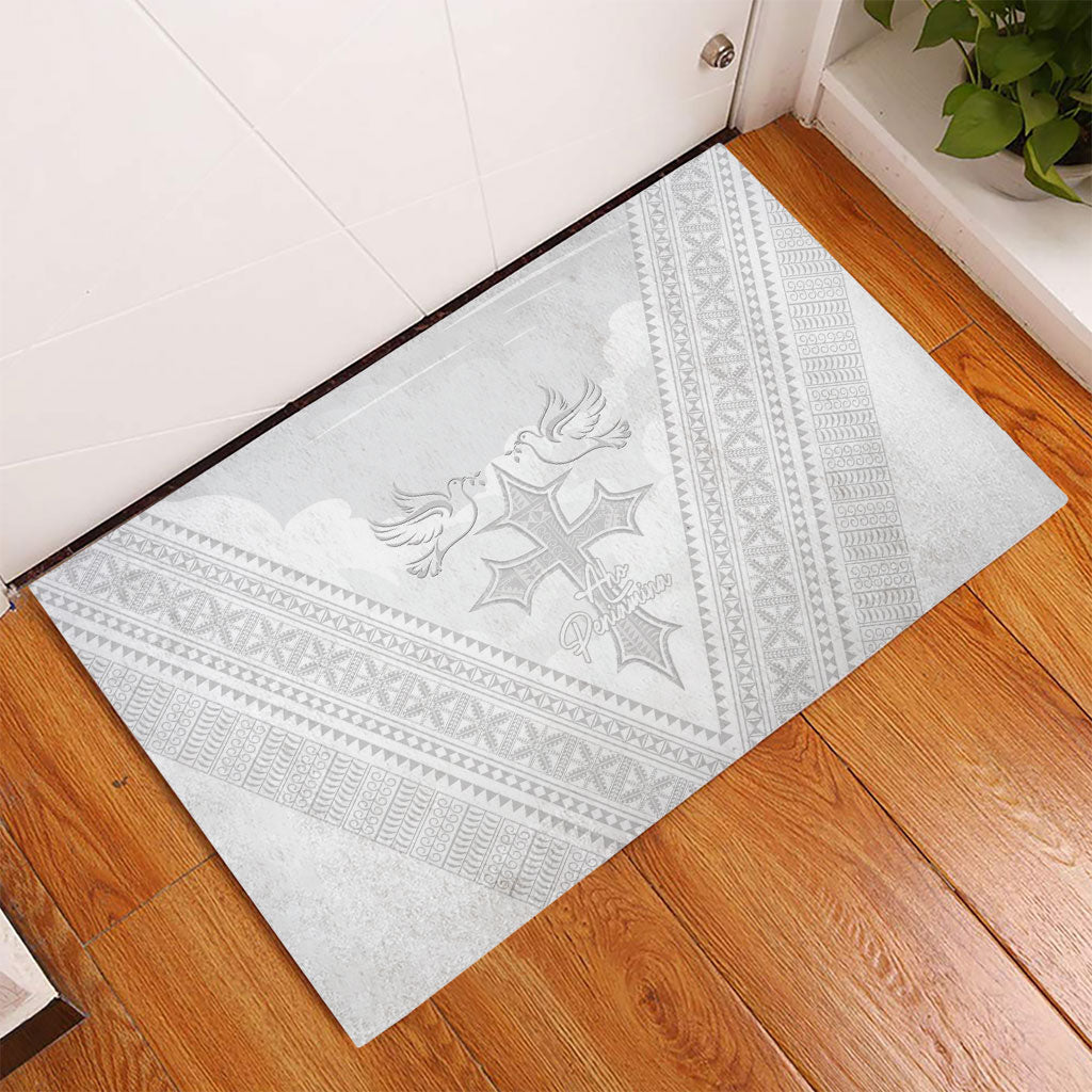 Peniamina Gospel Day Niue Rubber Doormat Cross Dove Hiapo Pattern White LT14 - Polynesian Pride
