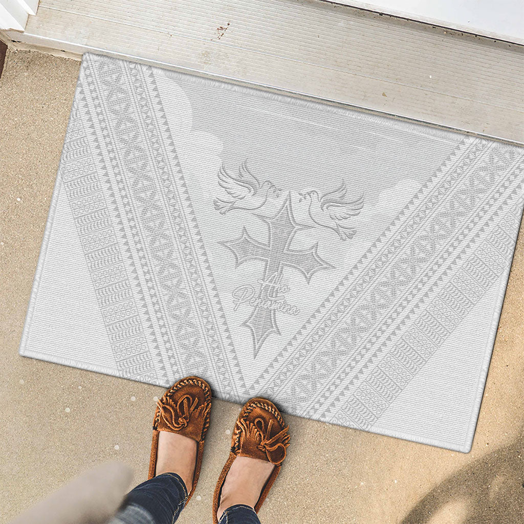 Peniamina Gospel Day Niue Rubber Doormat Cross Dove Hiapo Pattern White LT14 - Polynesian Pride