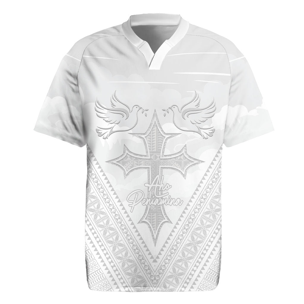 Peniamina Gospel Day Niue Rugby Jersey Cross Dove Hiapo Pattern White LT14 White - Polynesian Pride