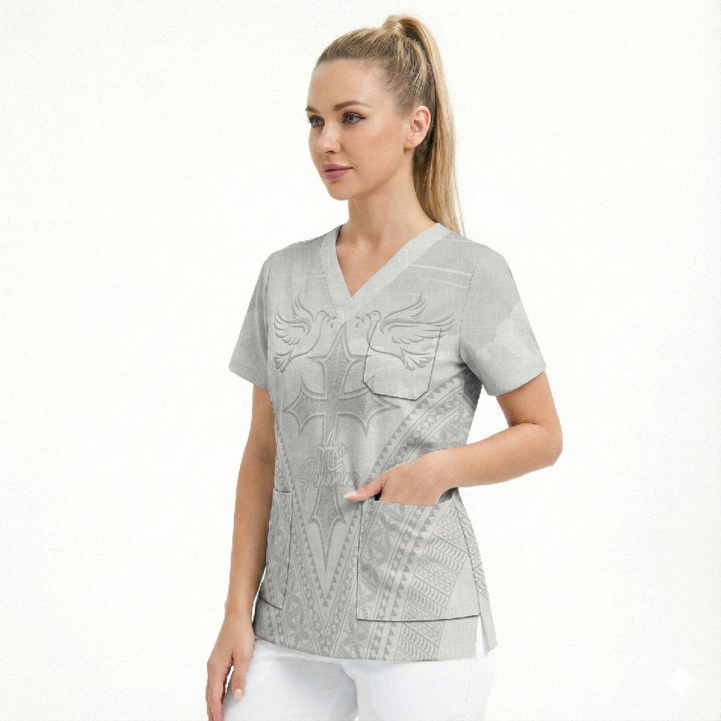 Peniamina Gospel Day Niue Scrub Top Cross Dove Hiapo Pattern White LT14 - Polynesian Pride
