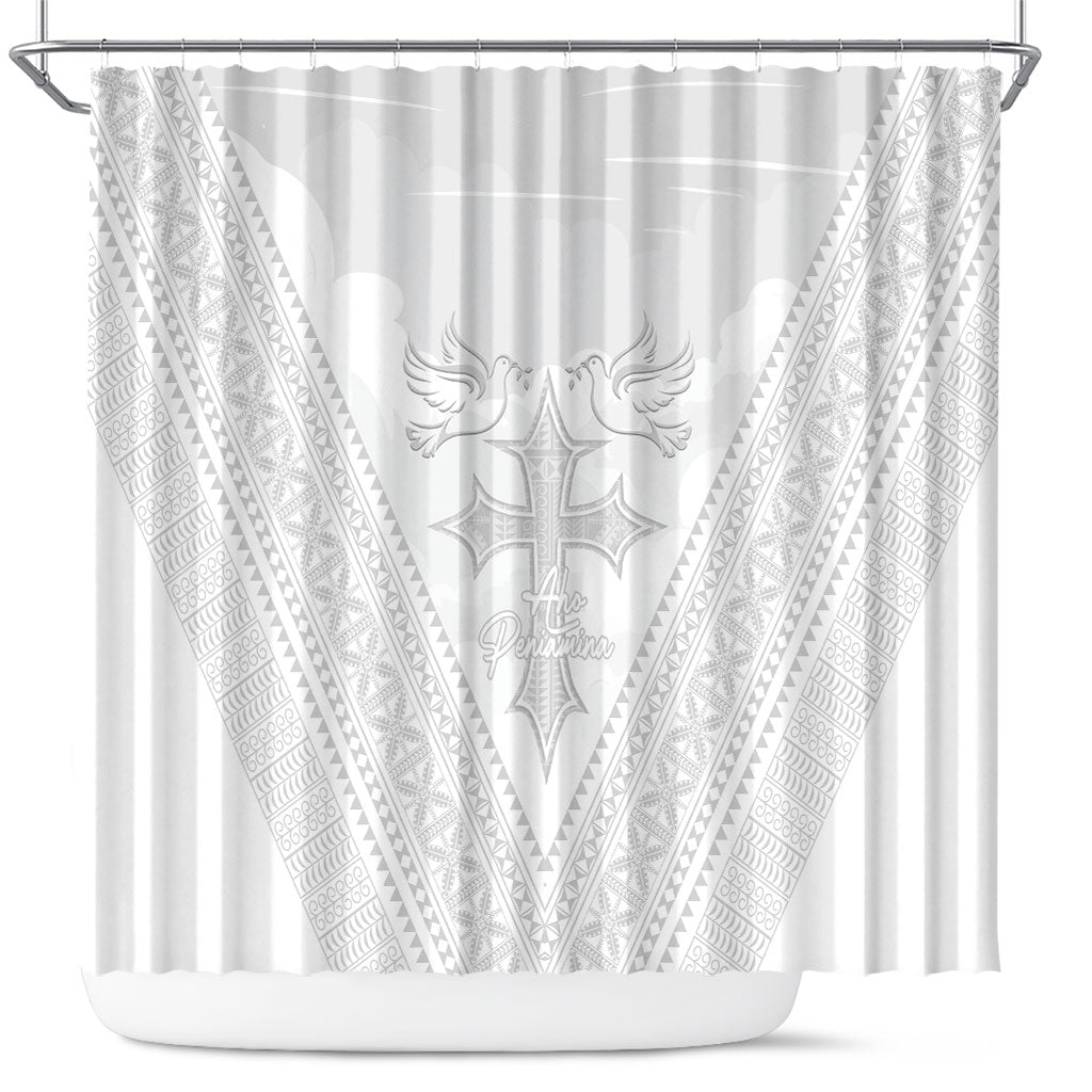 Peniamina Gospel Day Niue Shower Curtain Cross Dove Hiapo Pattern White