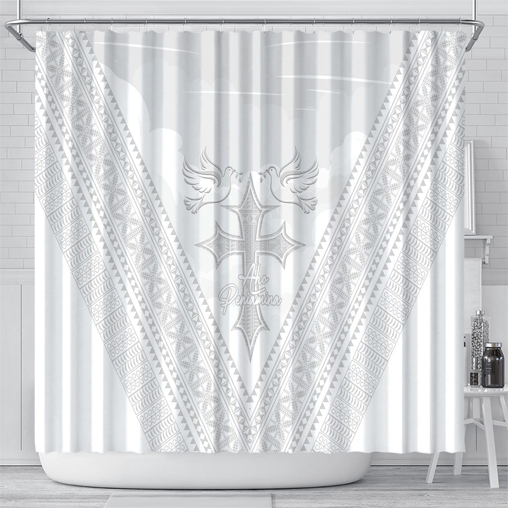 Peniamina Gospel Day Niue Shower Curtain Cross Dove Hiapo Pattern White LT14 - Polynesian Pride