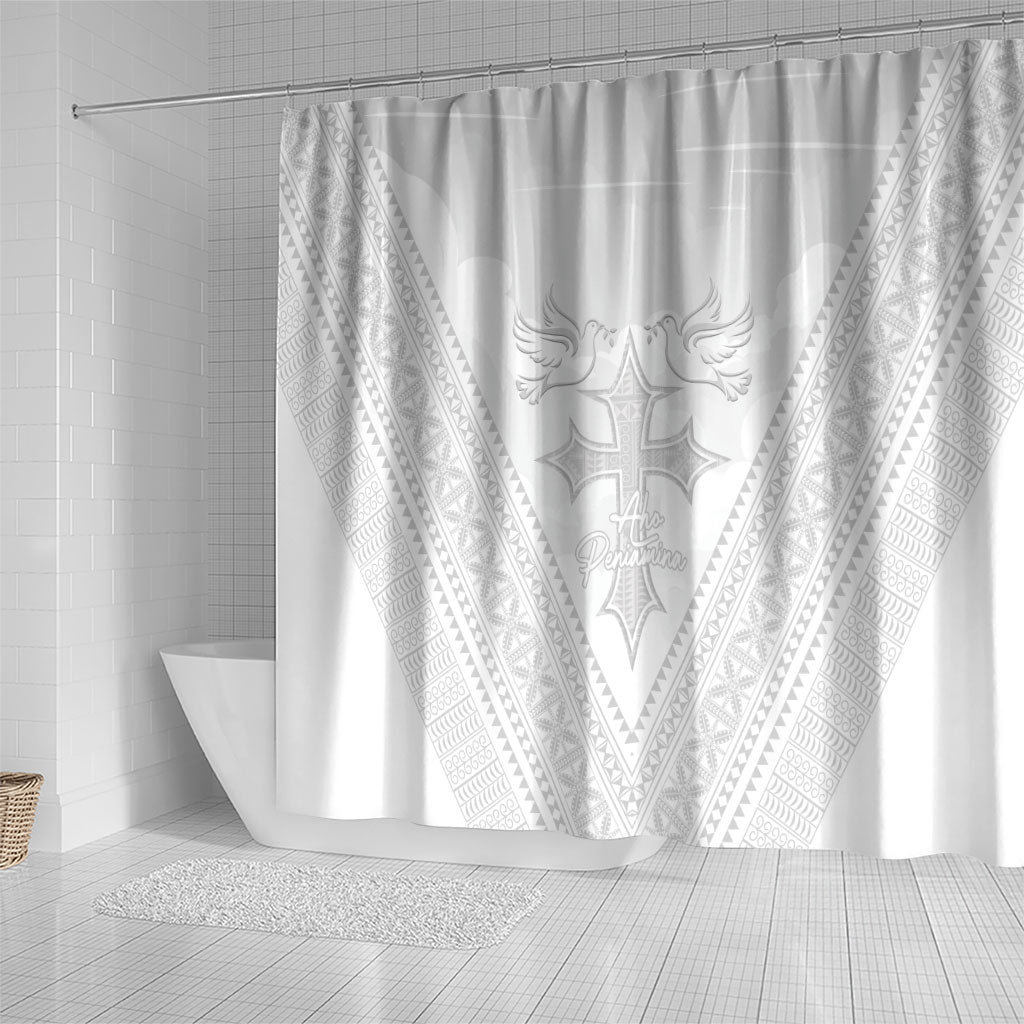 Peniamina Gospel Day Niue Shower Curtain Cross Dove Hiapo Pattern White LT14 - Polynesian Pride