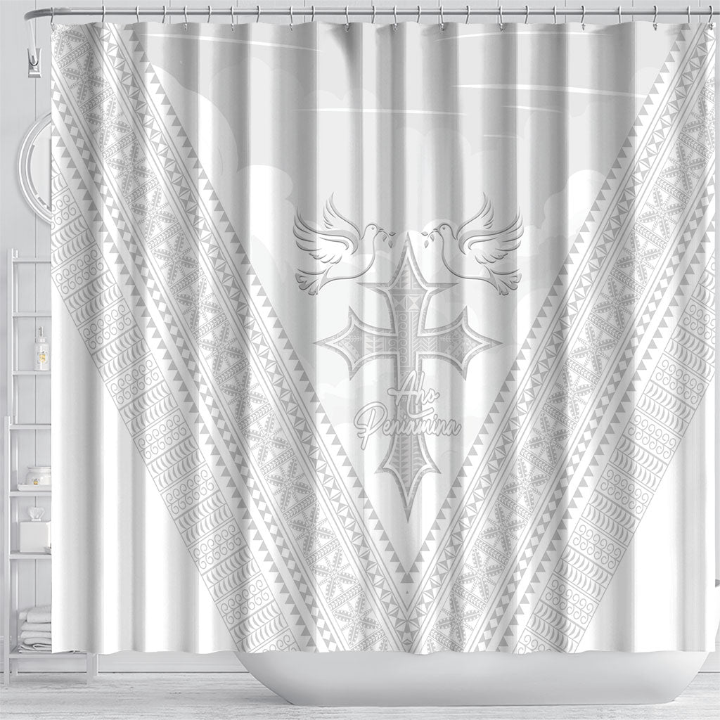 Peniamina Gospel Day Niue Shower Curtain Cross Dove Hiapo Pattern White LT14 - Polynesian Pride
