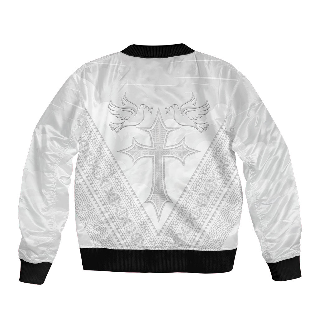 Peniamina Gospel Day Niue Sleeve Zip Bomber Jacket Cross Dove Hiapo Pattern White LT14 - Polynesian Pride
