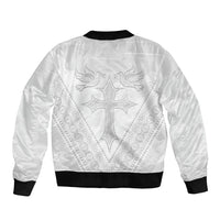 Peniamina Gospel Day Niue Sleeve Zip Bomber Jacket Cross Dove Hiapo Pattern White LT14 - Polynesian Pride