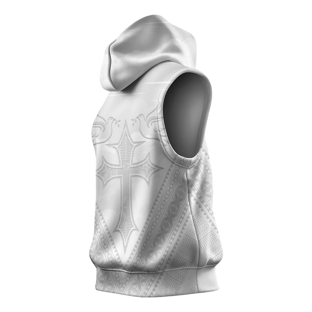 Peniamina Gospel Day Niue Sleeveless Hoodie Cross Dove Hiapo Pattern White LT14 - Polynesian Pride
