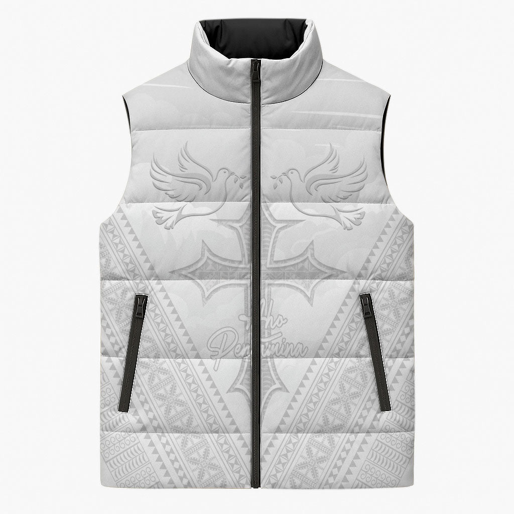 Peniamina Gospel Day Niue Sleeveless Puffer Jacket Cross Dove Hiapo Pattern White LT14 Unisex White - Polynesian Pride