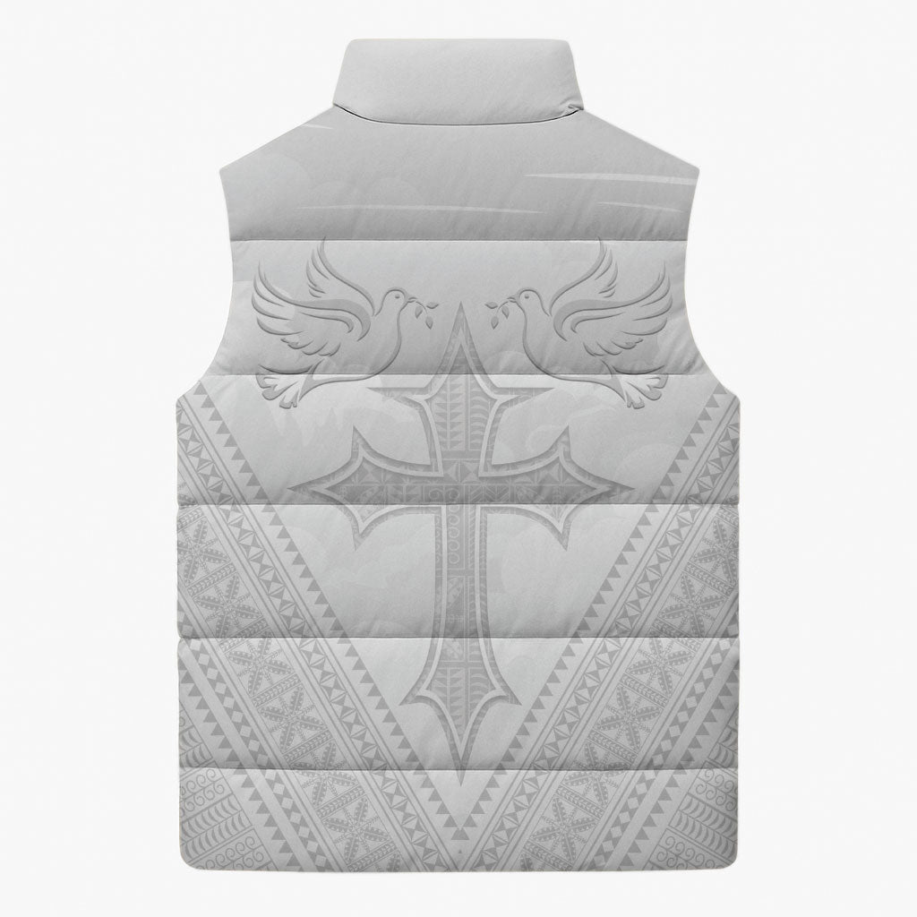 Peniamina Gospel Day Niue Sleeveless Puffer Jacket Cross Dove Hiapo Pattern White LT14 - Polynesian Pride