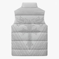 Peniamina Gospel Day Niue Sleeveless Puffer Jacket Cross Dove Hiapo Pattern White LT14 - Polynesian Pride