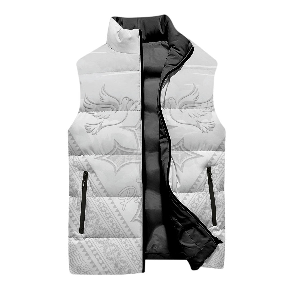 Peniamina Gospel Day Niue Sleeveless Puffer Jacket Cross Dove Hiapo Pattern White LT14 - Polynesian Pride