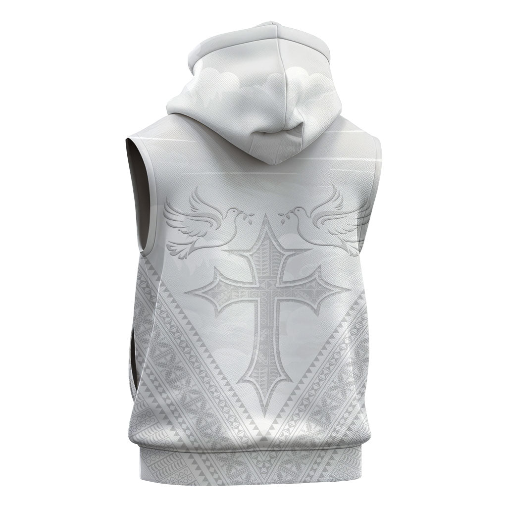 Peniamina Gospel Day Niue Sleeveless Zip Hoodie Cross Dove Hiapo Pattern White LT14 - Polynesian Pride