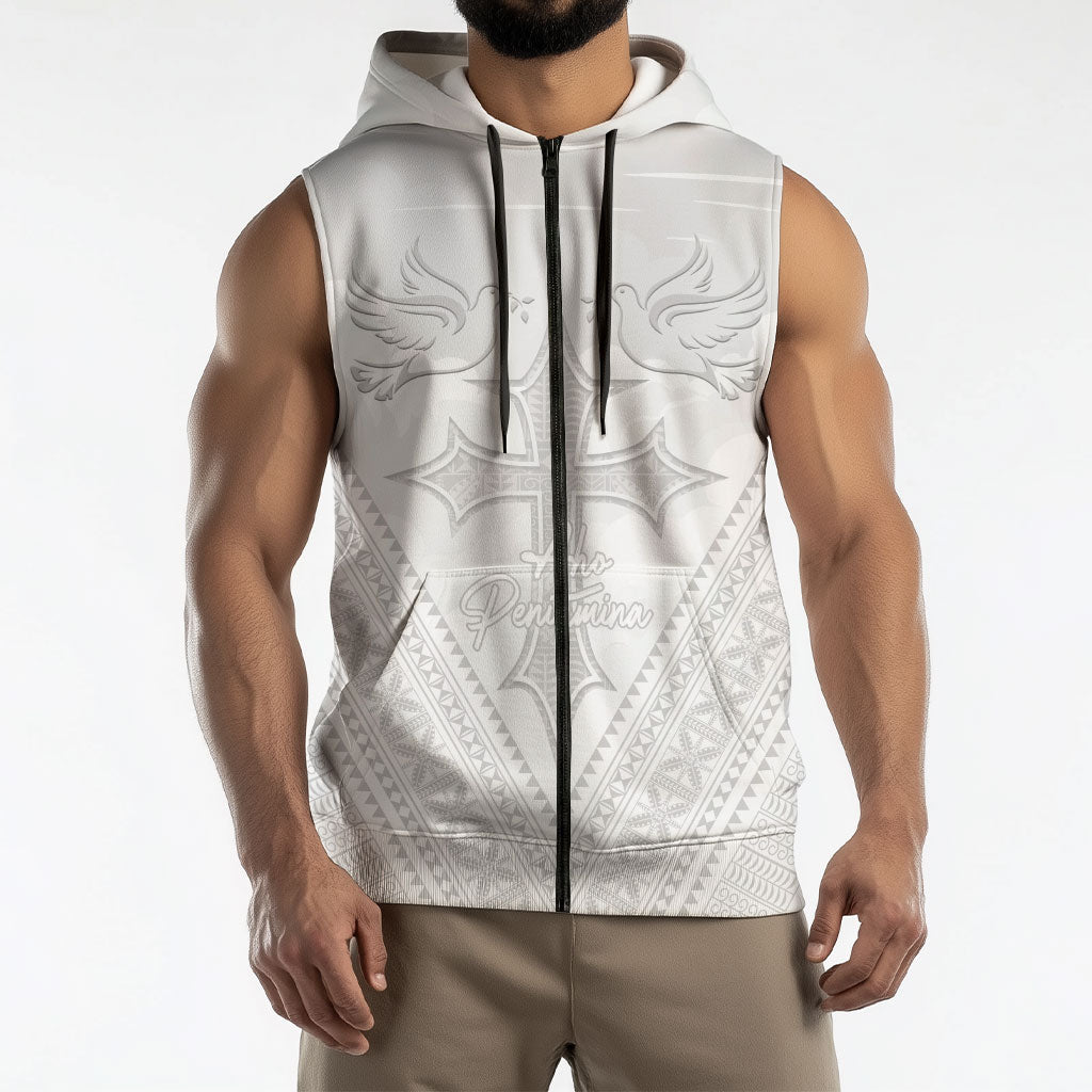 Peniamina Gospel Day Niue Sleeveless Zip Hoodie Cross Dove Hiapo Pattern White LT14 - Polynesian Pride