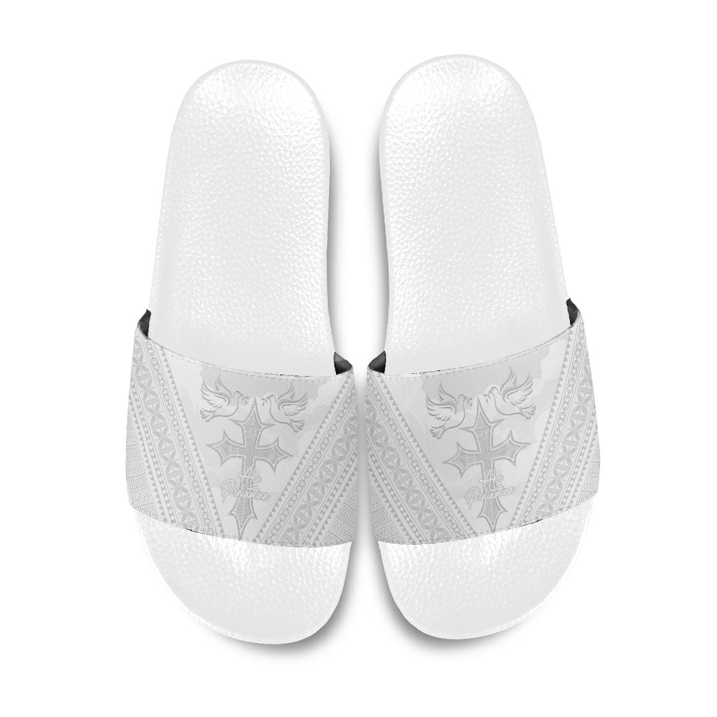 Peniamina Gospel Day Niue Slide Sandals Cross Dove Hiapo Pattern White LT14 White - Polynesian Pride