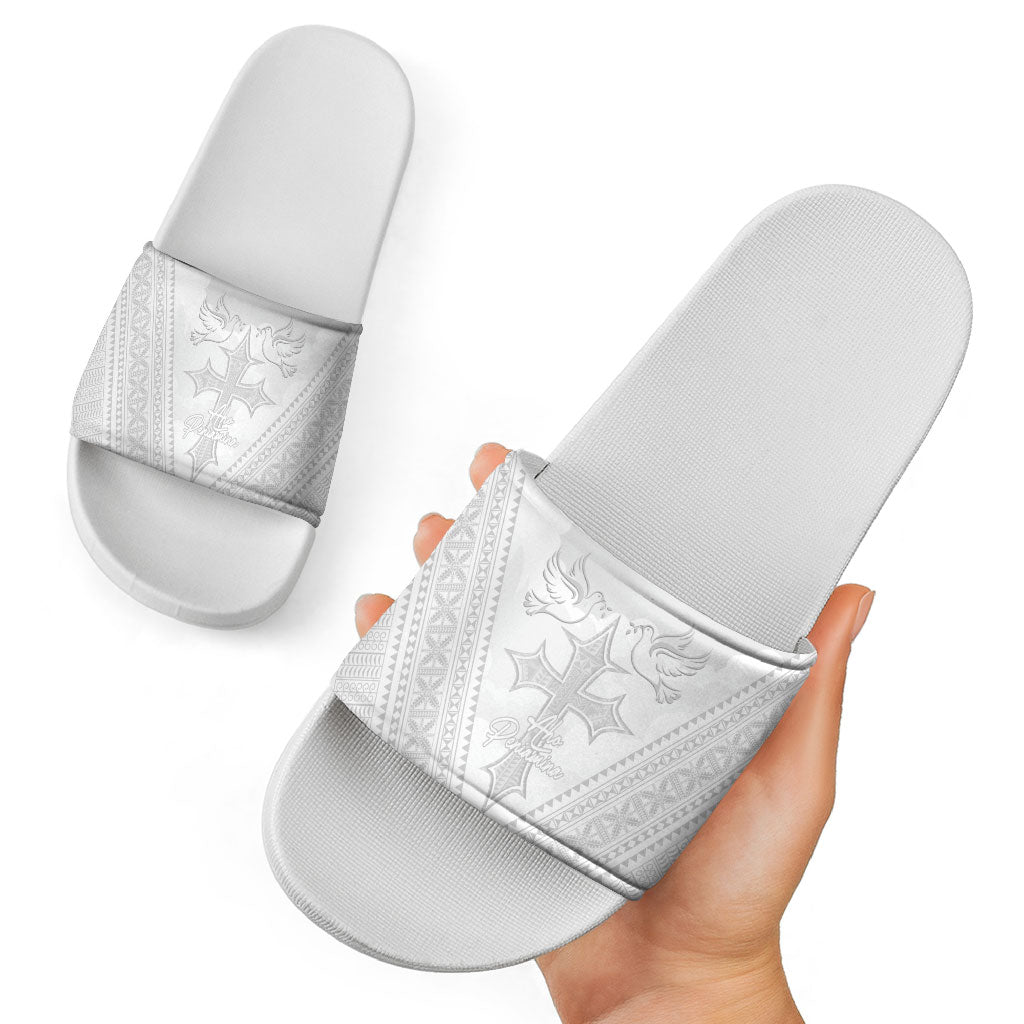 Peniamina Gospel Day Niue Slide Sandals Cross Dove Hiapo Pattern White LT14 - Polynesian Pride