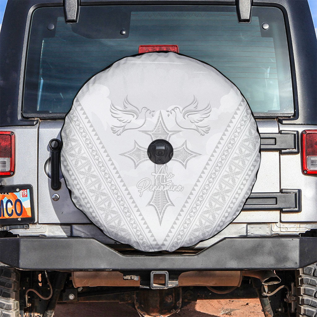 Peniamina Gospel Day Niue Spare Tire Cover Cross Dove Hiapo Pattern White LT14 White - Polynesian Pride