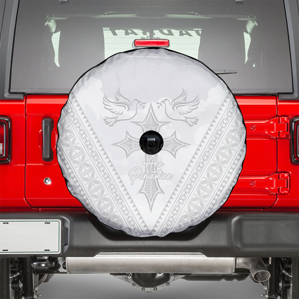 Peniamina Gospel Day Niue Spare Tire Cover Cross Dove Hiapo Pattern White LT14 - Polynesian Pride