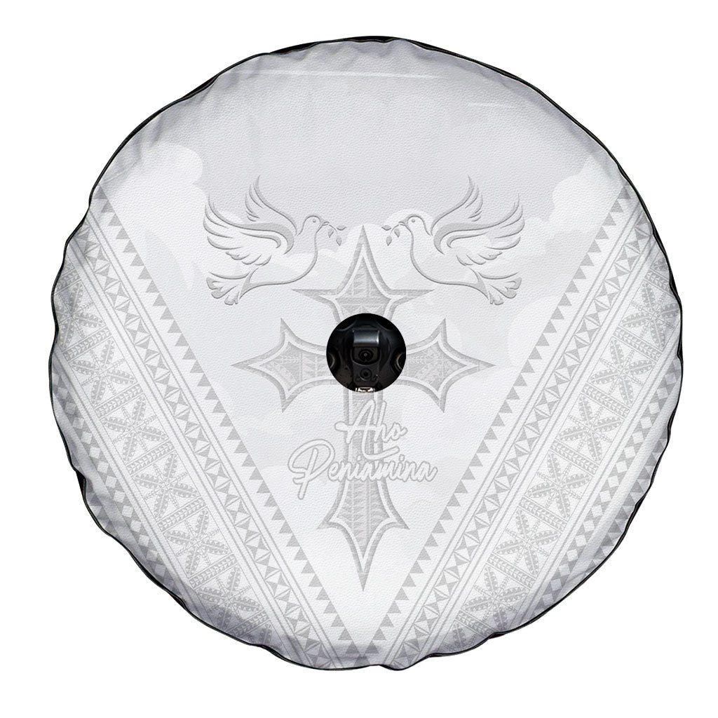 Peniamina Gospel Day Niue Spare Tire Cover Cross Dove Hiapo Pattern White LT14 - Polynesian Pride