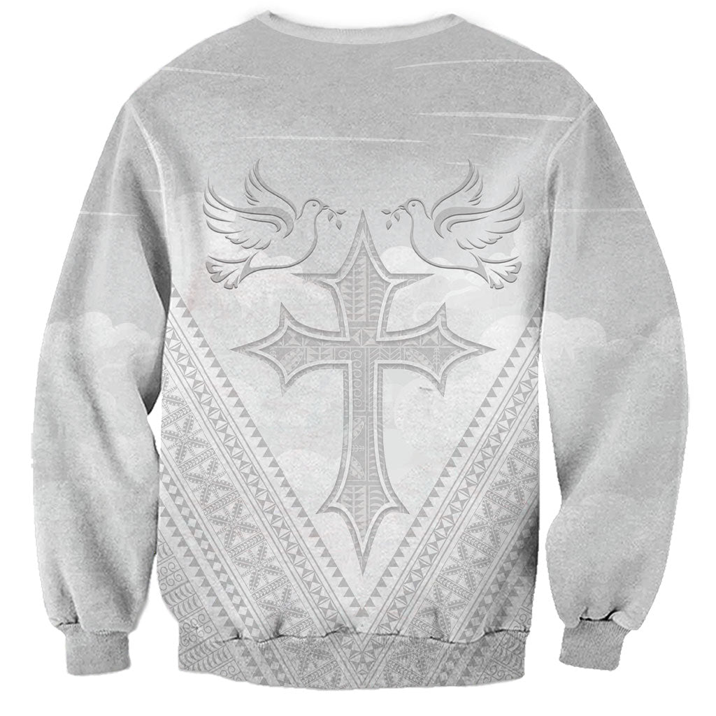 Peniamina Gospel Day Niue Sweatshirt Cross Dove Hiapo Pattern White LT14 - Polynesian Pride