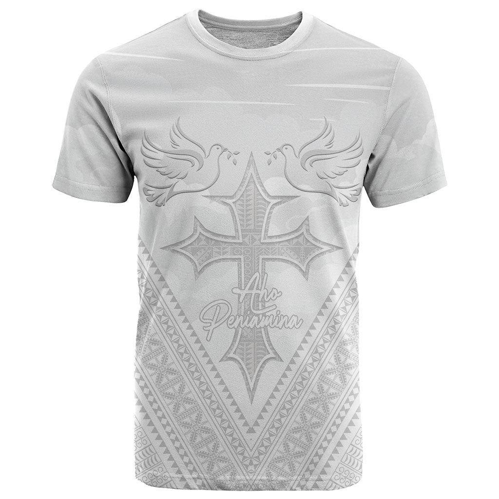 Peniamina Gospel Day Niue T Shirt Cross Dove Hiapo Pattern White LT14 White - Polynesian Pride