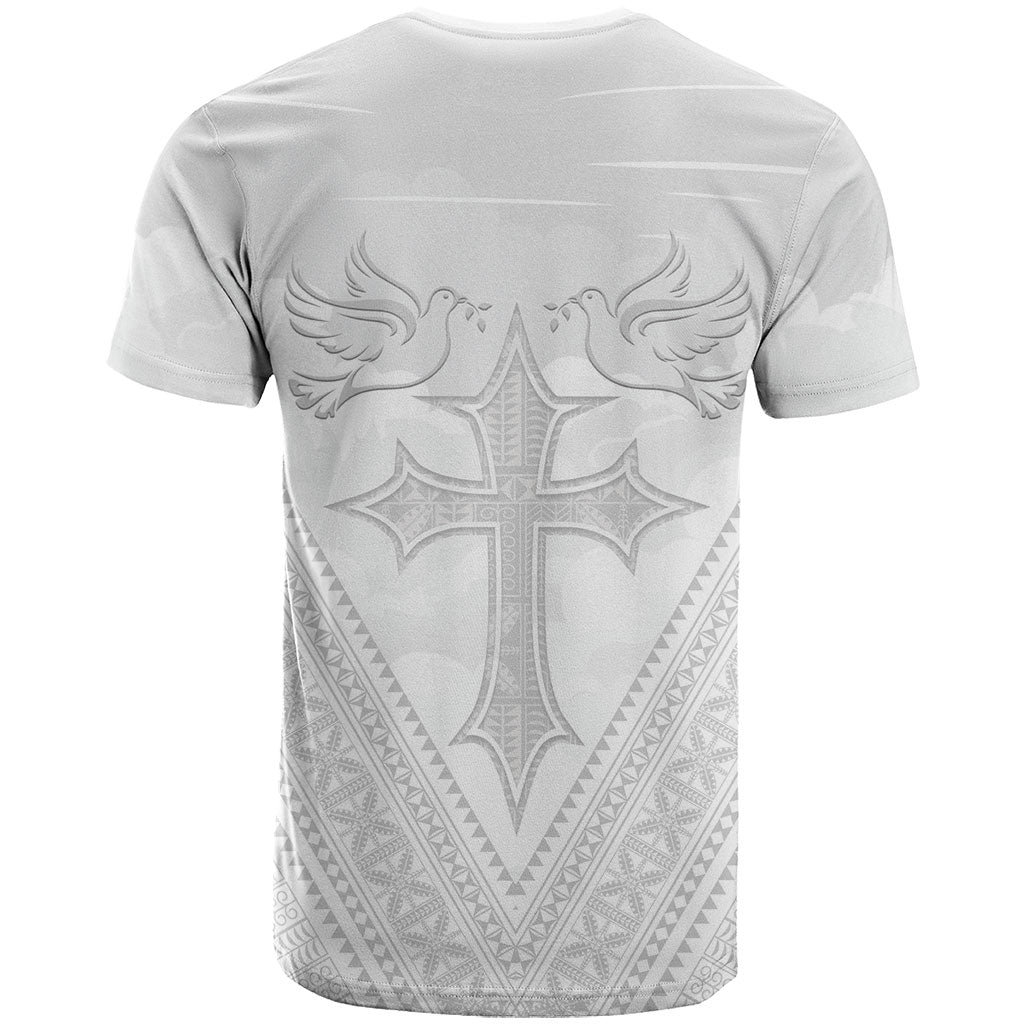 Peniamina Gospel Day Niue T Shirt Cross Dove Hiapo Pattern White LT14 - Polynesian Pride