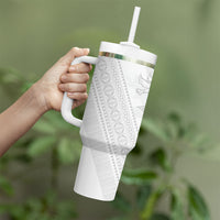 Peniamina Gospel Day Niue Tumbler With Handle Cross Dove Hiapo Pattern White LT14 - Polynesian Pride