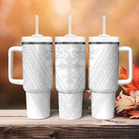 Peniamina Gospel Day Niue Tumbler With Handle Cross Dove Hiapo Pattern White LT14 - Polynesian Pride
