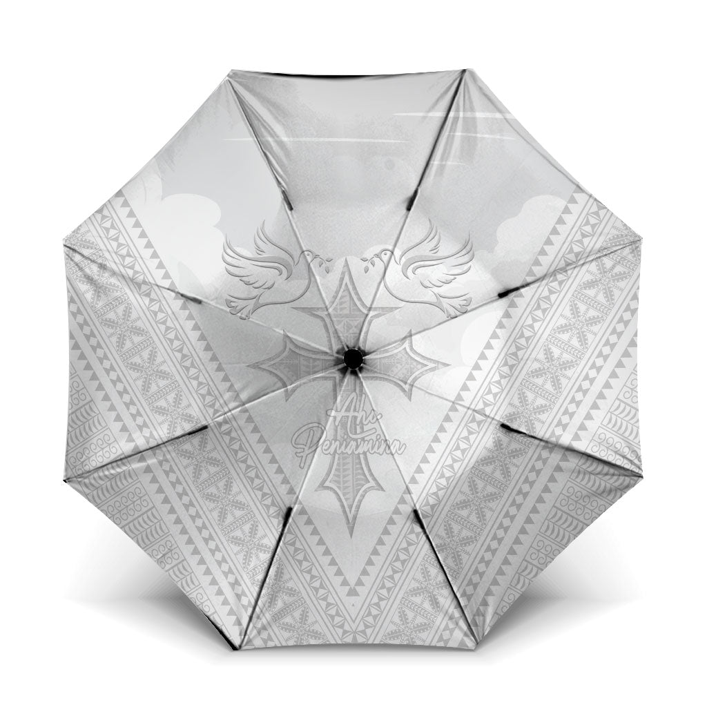 Peniamina Gospel Day Niue Umbrella Cross Dove Hiapo Pattern White LT14 One Size Folded 11.42 inch Opened Diameter 37.4 inch White - Polynesian Pride