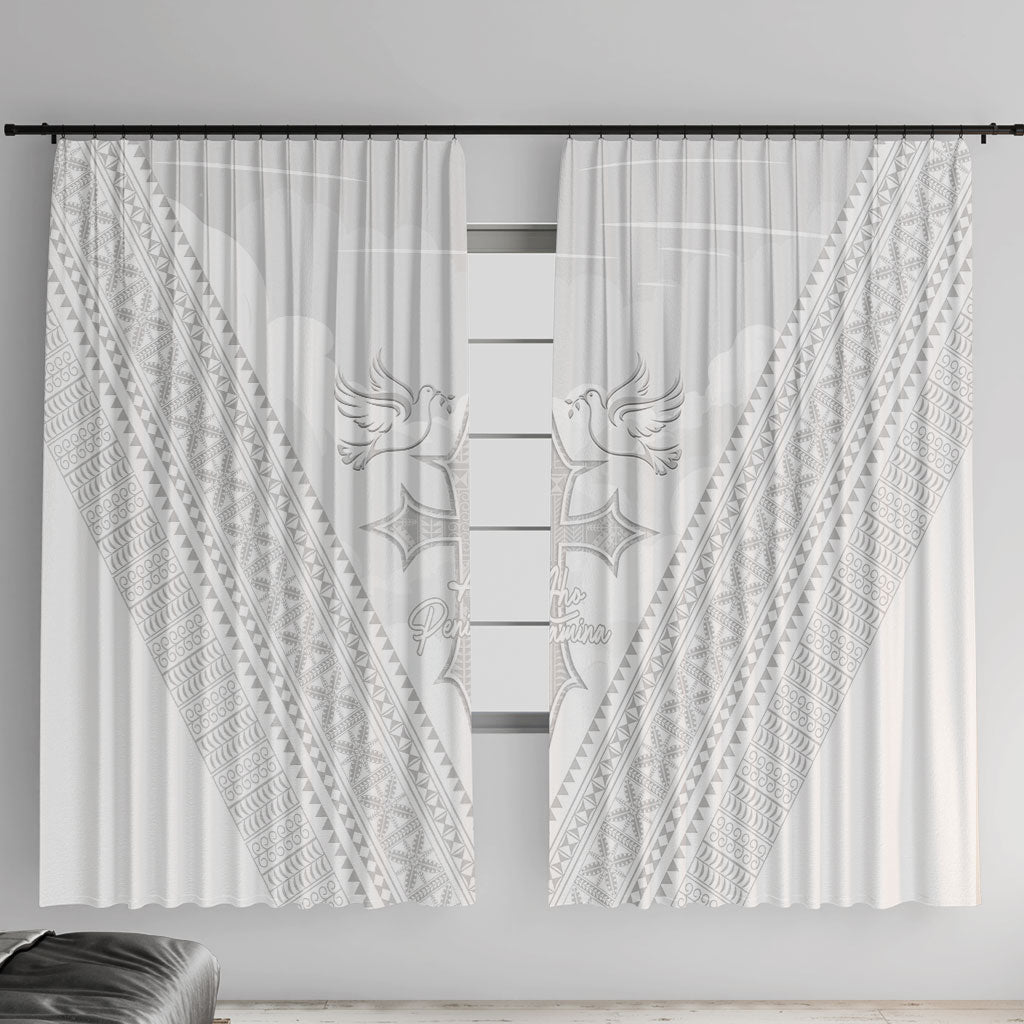 Peniamina Gospel Day Niue Window Curtain Cross Dove Hiapo Pattern White LT14 With Hooks White - Polynesian Pride