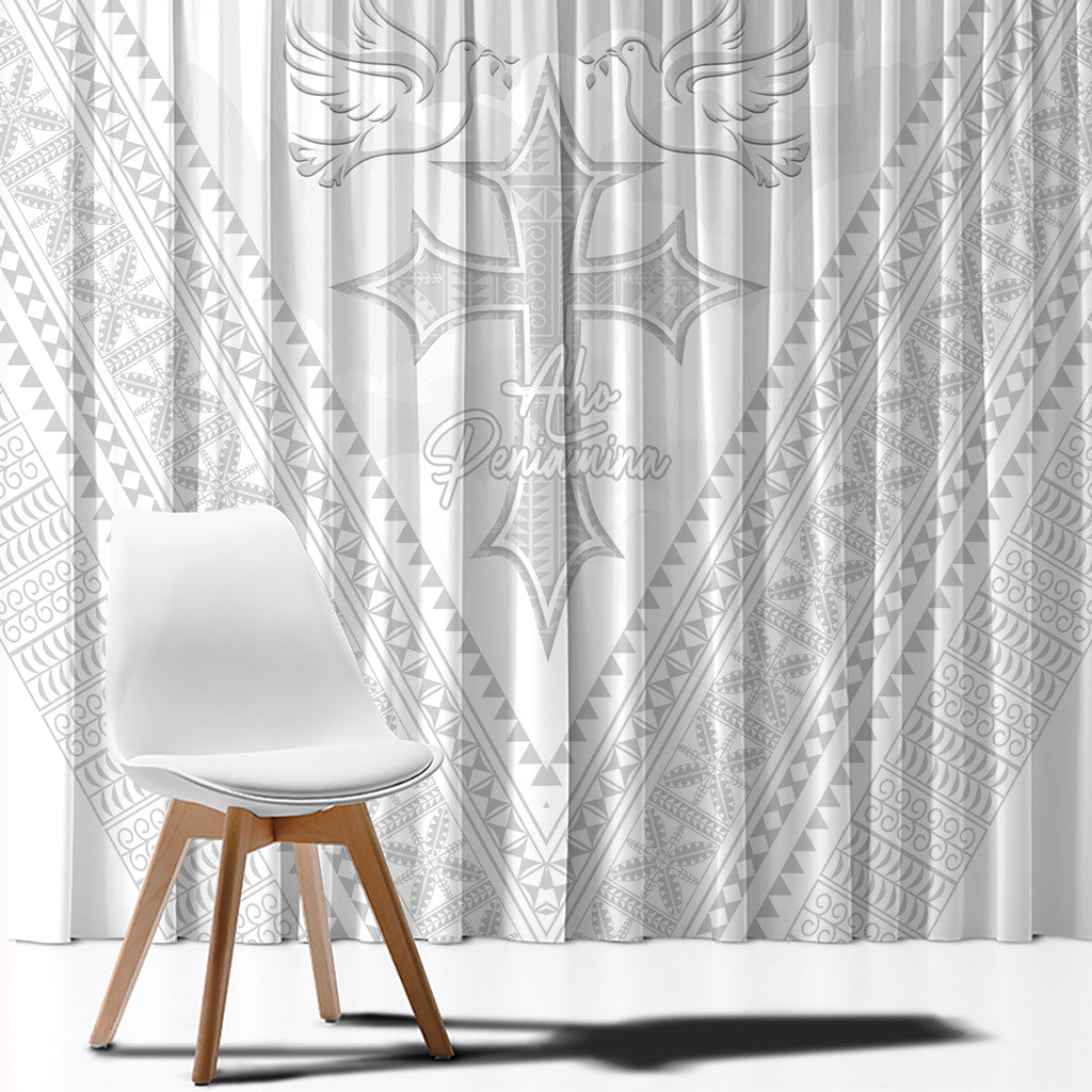 Peniamina Gospel Day Niue Window Curtain Cross Dove Hiapo Pattern White LT14 - Polynesian Pride