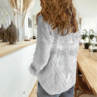 Peniamina Gospel Day Niue Women Casual Shirt Cross Dove Hiapo Pattern White LT14 - Polynesian Pride