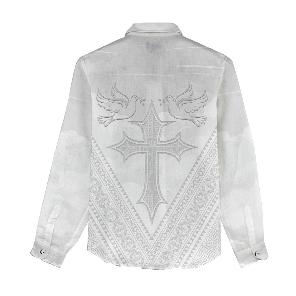Peniamina Gospel Day Niue Women Casual Shirt Cross Dove Hiapo Pattern White LT14 - Polynesian Pride