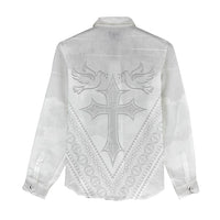 Peniamina Gospel Day Niue Women Casual Shirt Cross Dove Hiapo Pattern White LT14 - Polynesian Pride