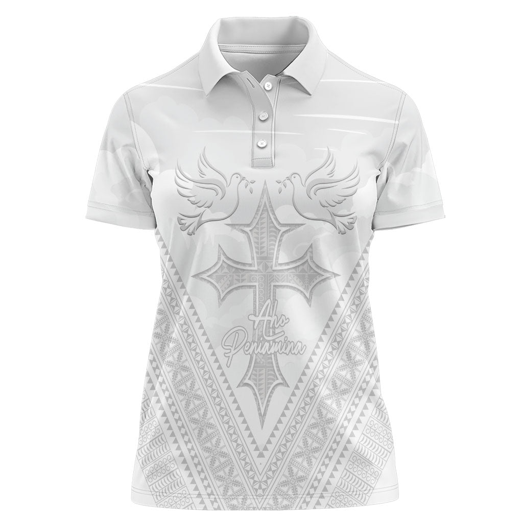 Peniamina Gospel Day Niue Women Polo Shirt Cross Dove Hiapo Pattern White LT14 Female White - Polynesian Pride