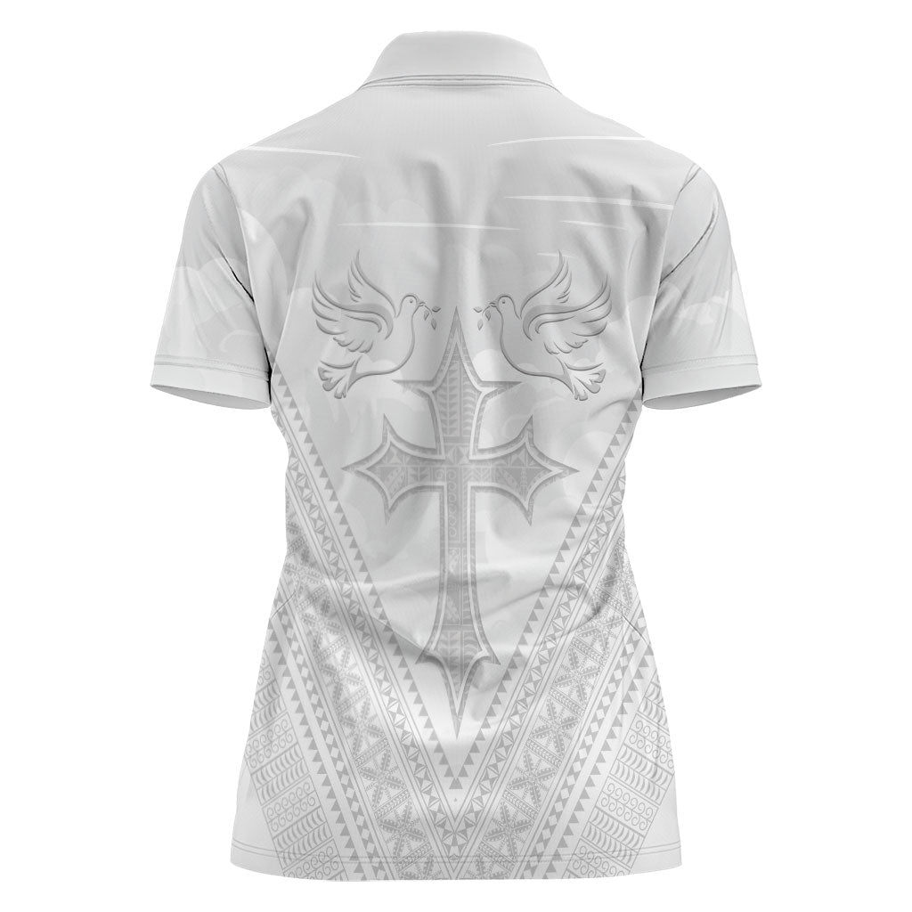 Peniamina Gospel Day Niue Women Polo Shirt Cross Dove Hiapo Pattern White LT14 - Polynesian Pride