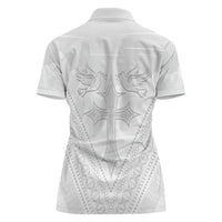 Peniamina Gospel Day Niue Women Polo Shirt Cross Dove Hiapo Pattern White LT14 - Polynesian Pride