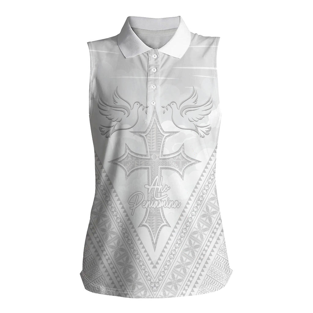 Peniamina Gospel Day Niue Women Sleeveless Polo Shirt Cross Dove Hiapo Pattern White LT14 Female White - Polynesian Pride