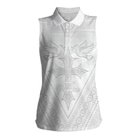Peniamina Gospel Day Niue Women Sleeveless Polo Shirt Cross Dove Hiapo Pattern White LT14 Female White - Polynesian Pride