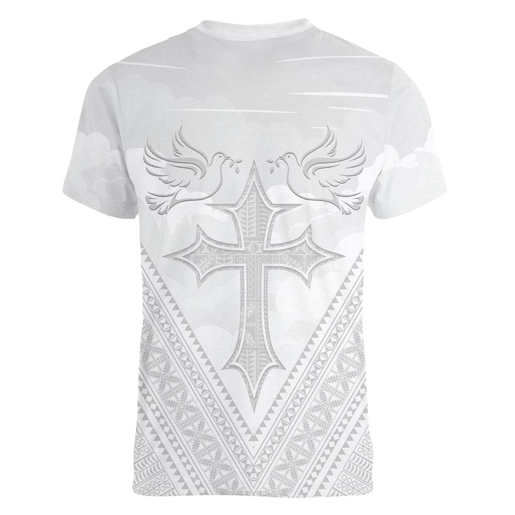 Peniamina Gospel Day Niue Women V-Neck T-Shirt Cross Dove Hiapo Pattern White LT14 - Polynesian Pride