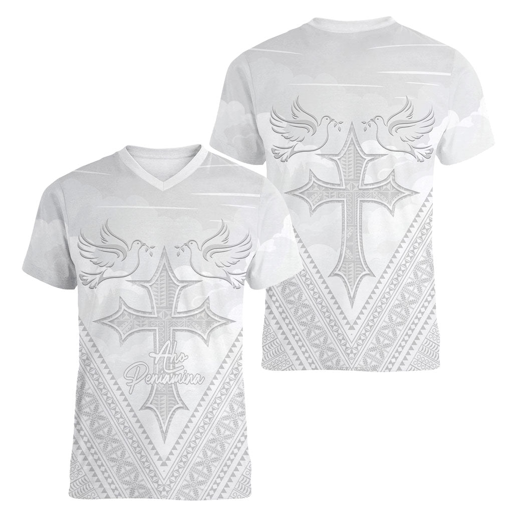 Peniamina Gospel Day Niue Women V-Neck T-Shirt Cross Dove Hiapo Pattern White LT14 - Polynesian Pride