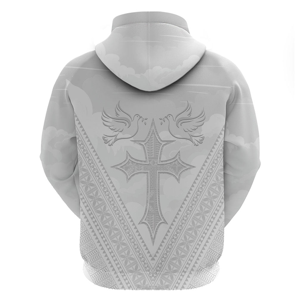 Peniamina Gospel Day Niue Zip Hoodie Cross Dove Hiapo Pattern White LT14 - Polynesian Pride